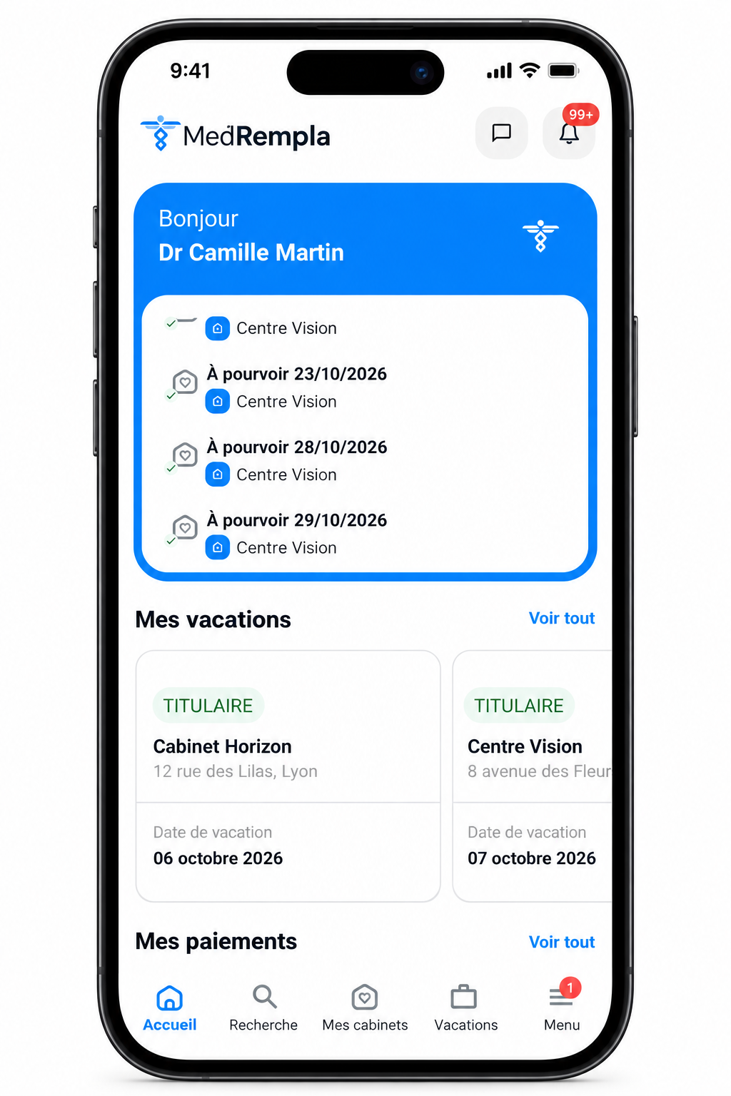 L’accueil MedRempla sur iPhone, avec des noms fictifs