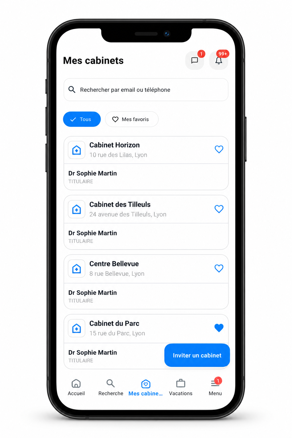 L’onglet Mes cabinets et ses favoris, présenté dans un iPhone avec des données fictives