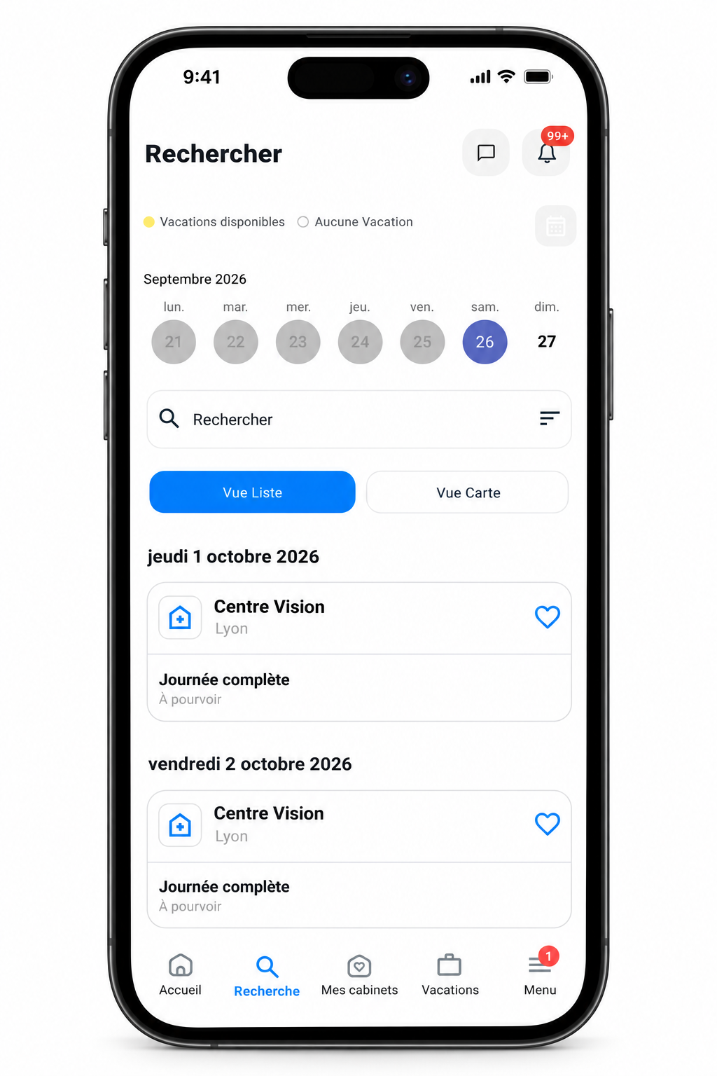 iPhone affichant Recherche de vacations : calendrier, vue liste et vue carte, aperçu avec noms fictifs