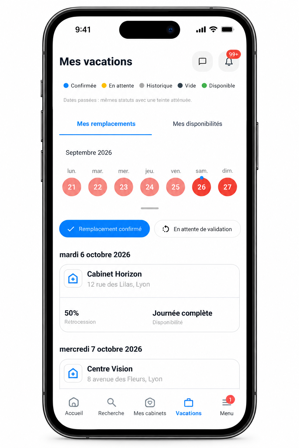 iPhone affichant Planning des remplacements et disponibilités, aperçu avec noms fictifs